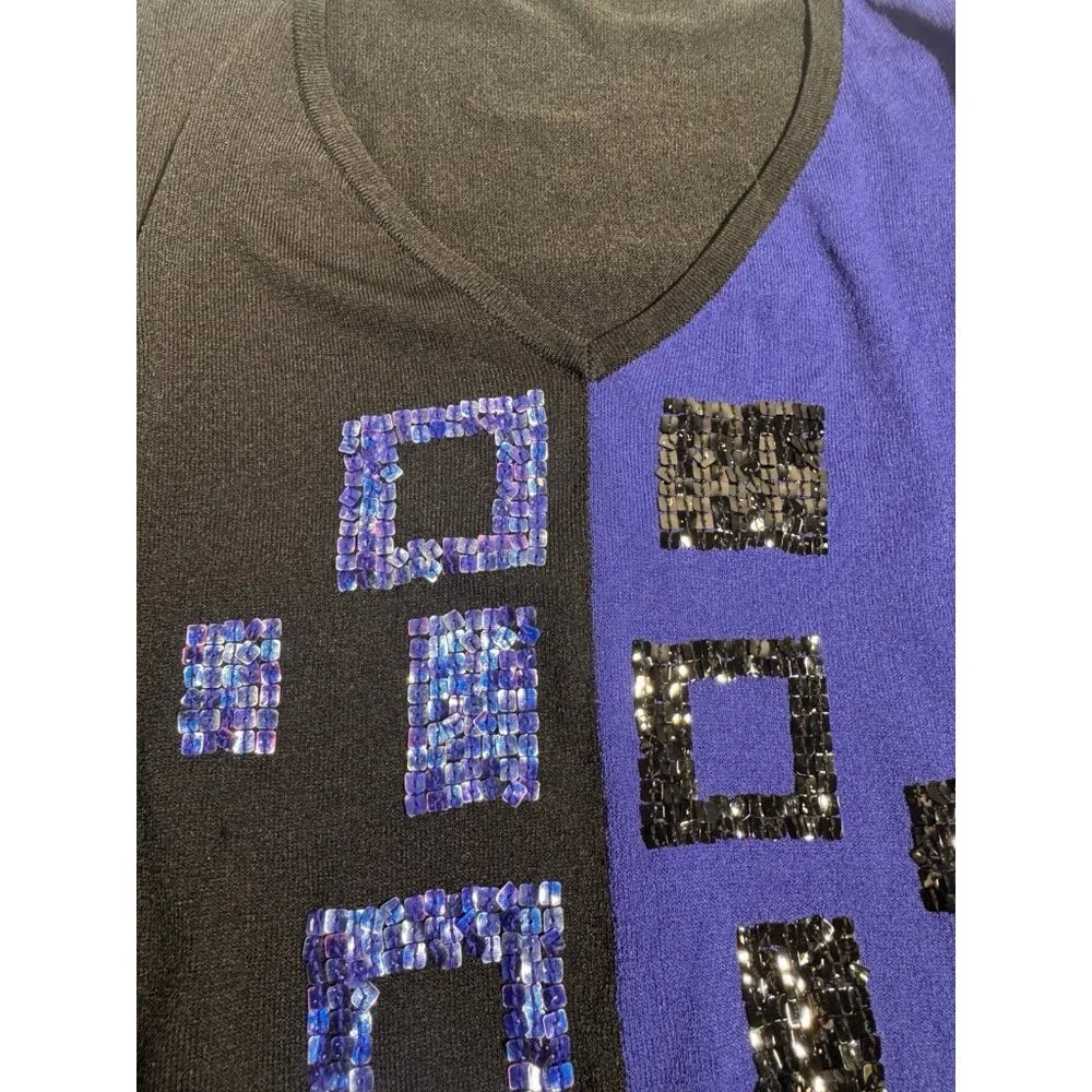 John Paul Richard Uniform Top L Black Blue Sequin Geometric V-Neck Long Sleeve - Picture 4 of 8